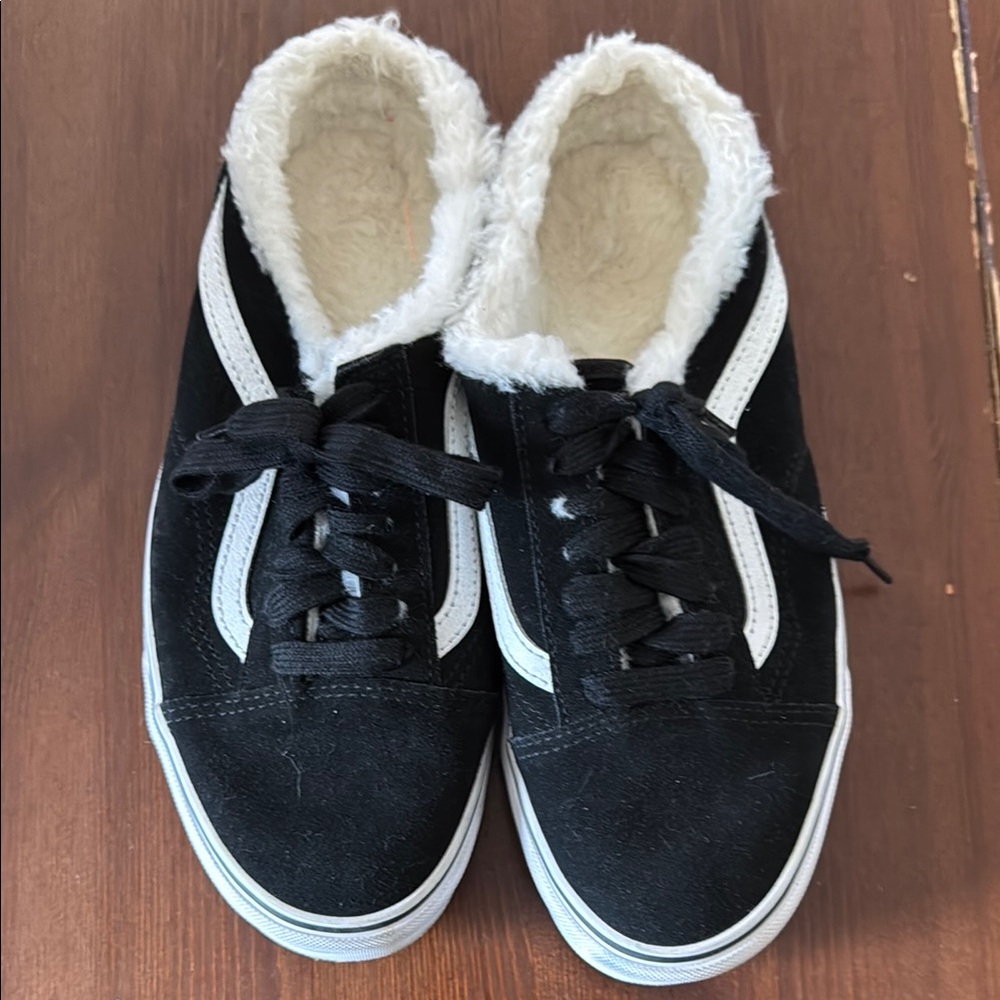 Vans Black and White Fleece-Lined Mules